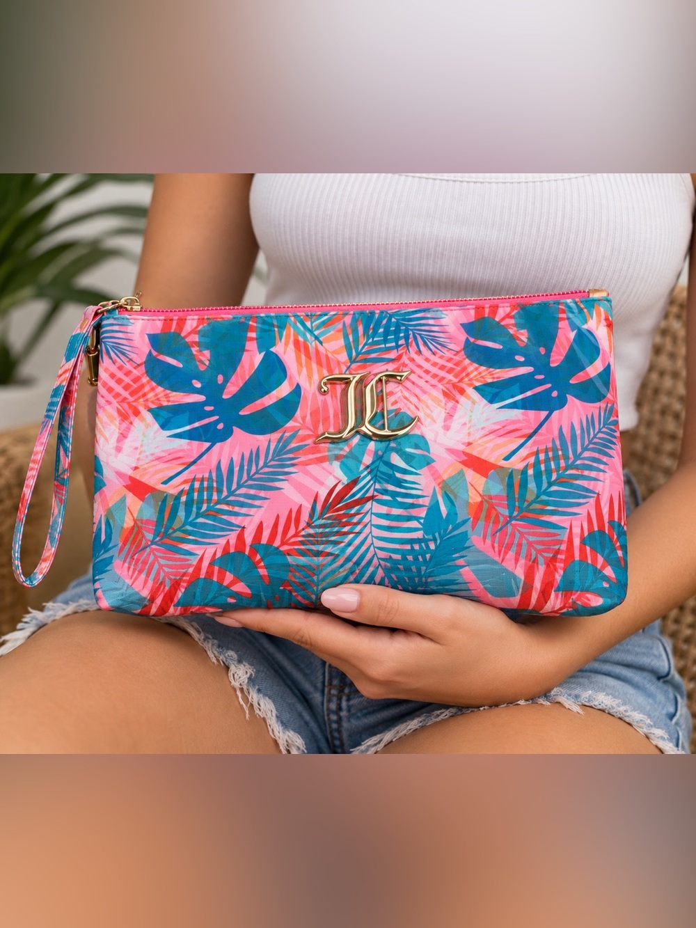 NWT Juicy Couture Cosmetic Makeup Bag Pink Tropical Palm Print JC Logo Pouch